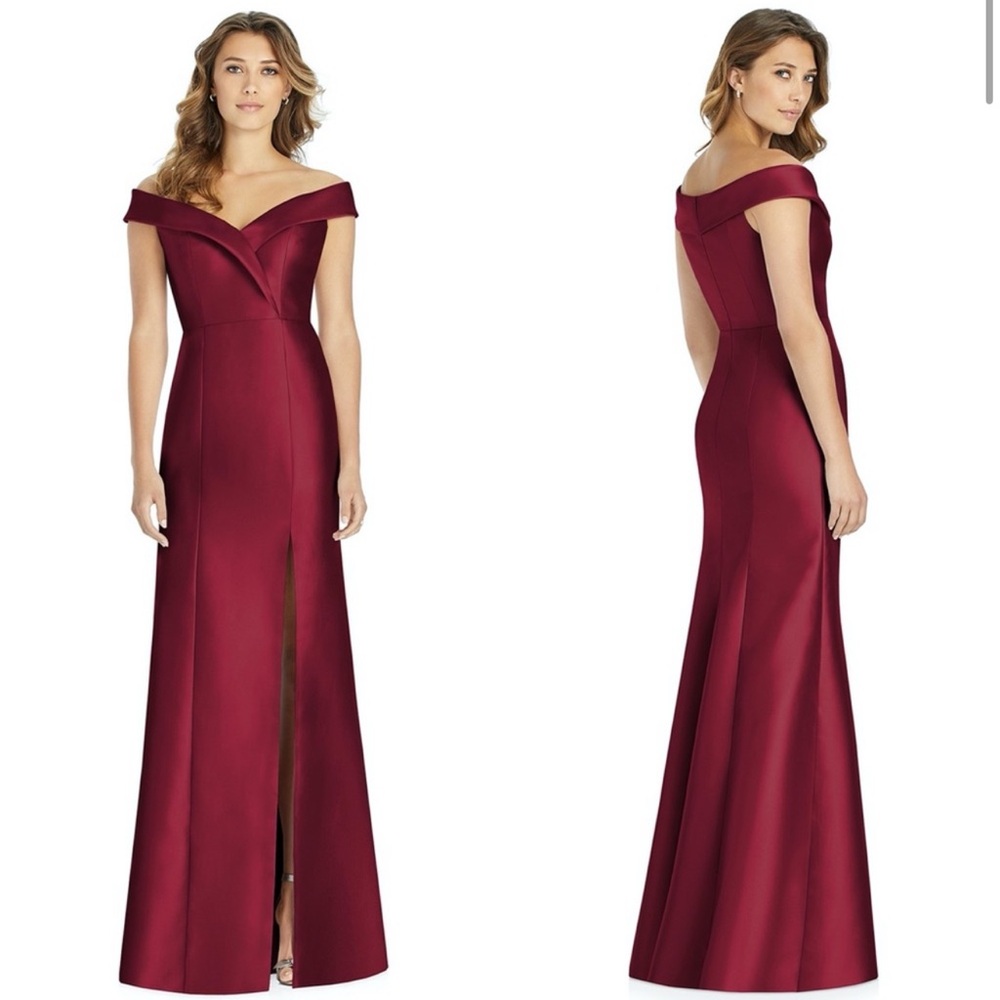 Alfred Sung Off-The-Shoulder Satin Gown - Burgundy - 4